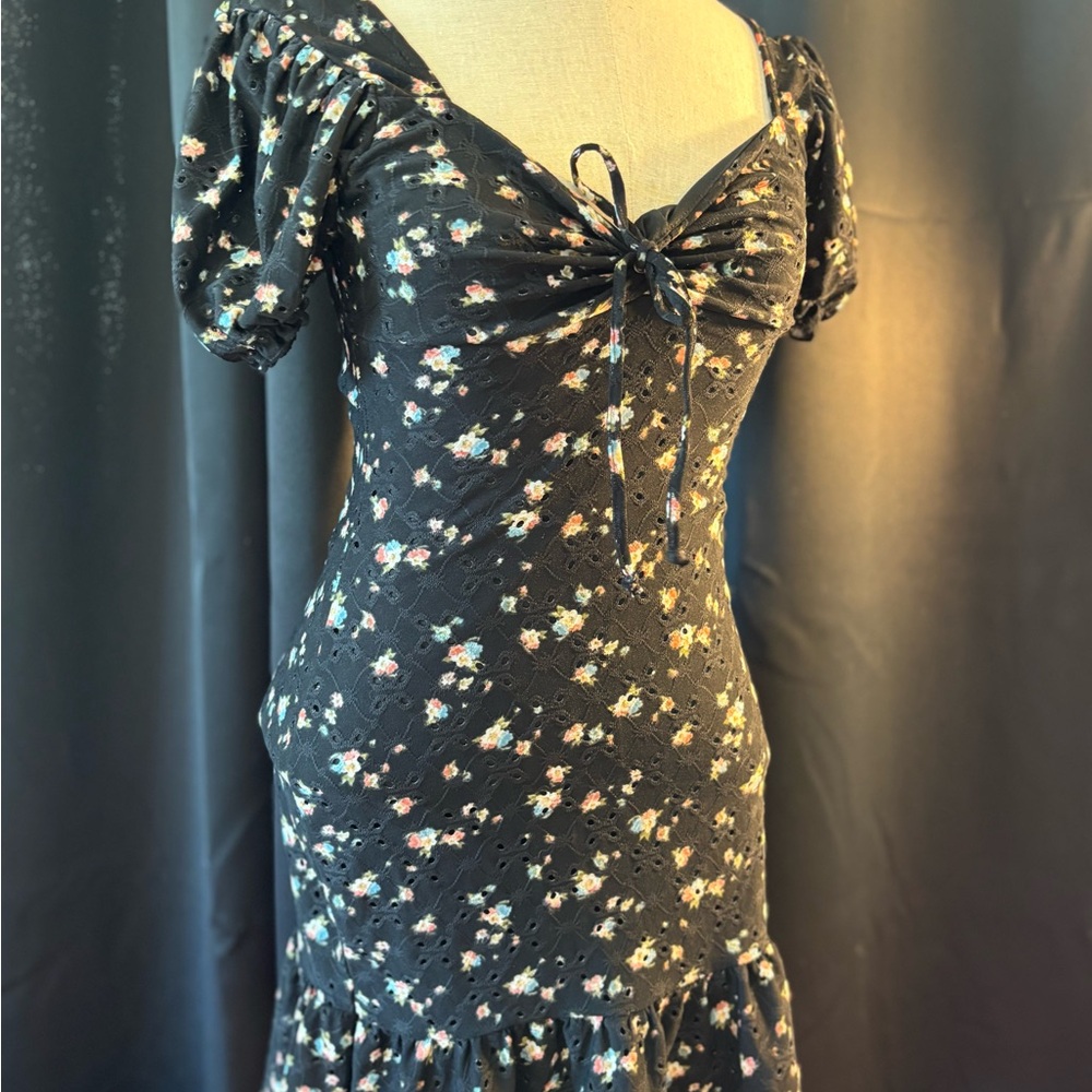 Black Floral Tie-Front Midi Dress